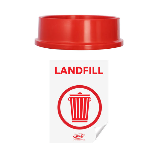 Red trash can lid with a 'Landfill' label on a white background