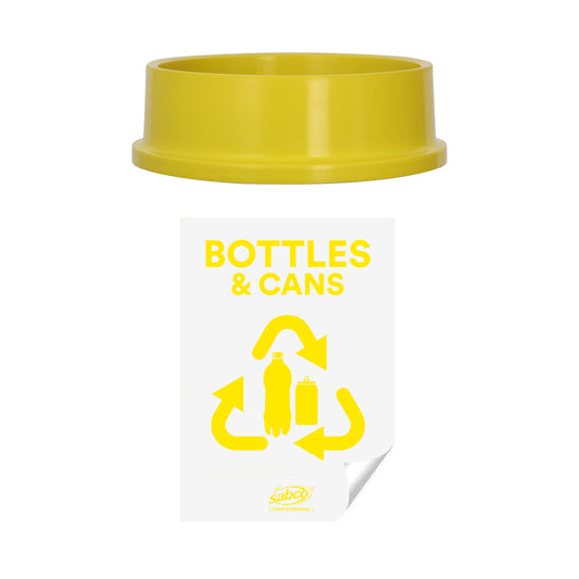Yellow trash can lid with a recycling sign and text on a white background