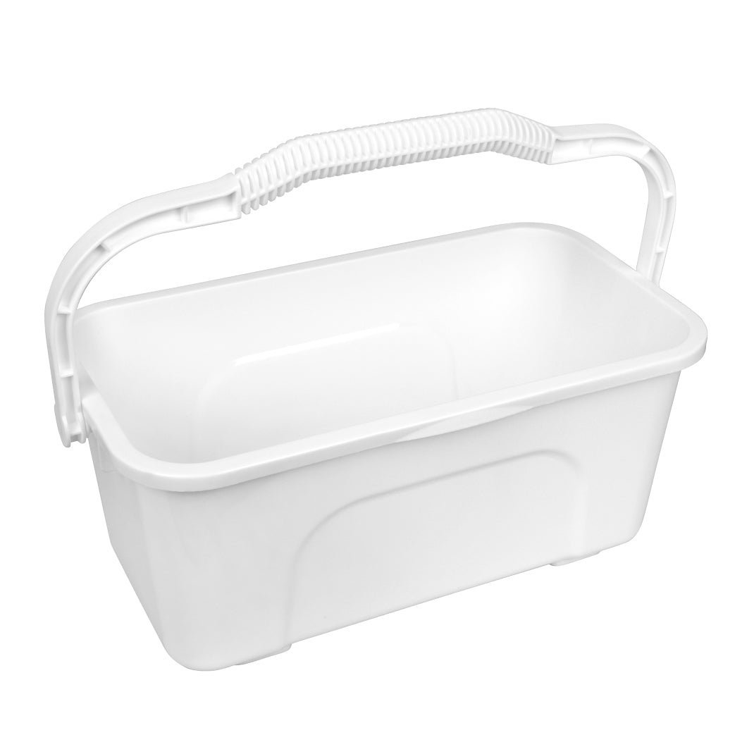 White plastic bucket with a handle on a white background