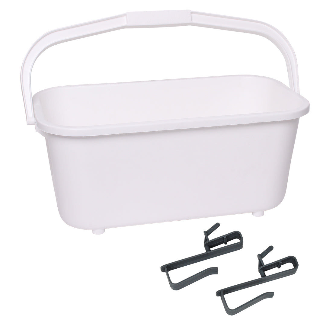 White plastic basket with a handle and three black metal hooks on a white background