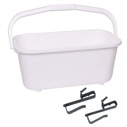 White plastic basket with a handle and three black metal hooks on a white background