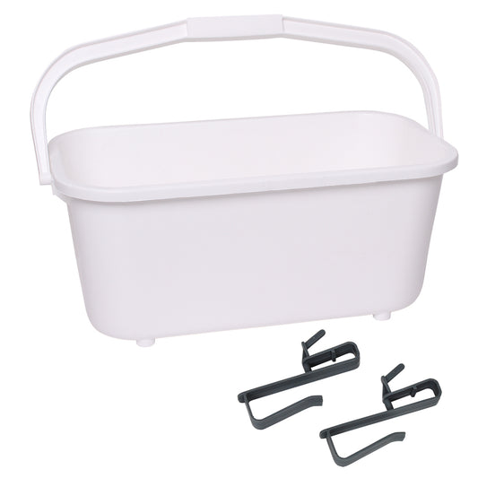 White plastic basket with a handle and three black metal hooks on a white background
