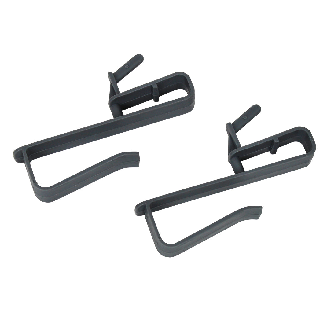 Two black plastic brackets on a white background