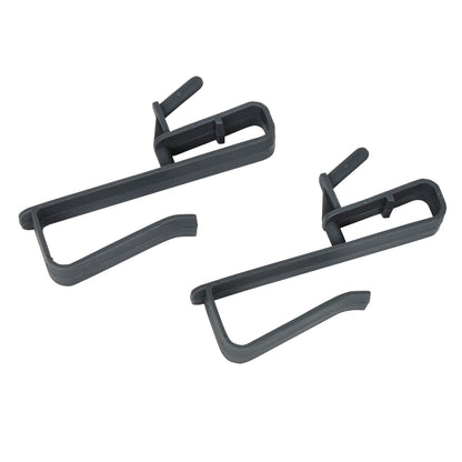 Two black plastic brackets on a white background