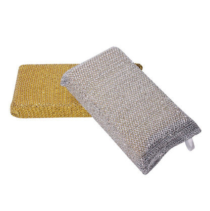 Two metallic scrub pads, one yellow and one gray, on a white background.