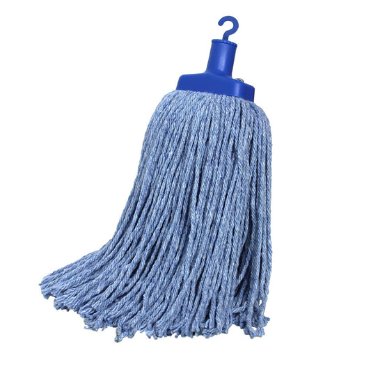 Blue mop head with blue plastic handle on a white background