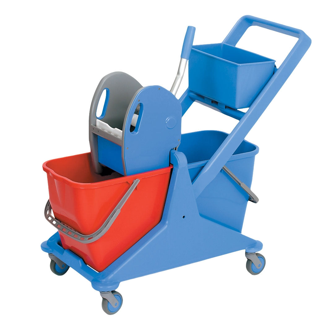 Blue mopping cart with red bucket on a white background