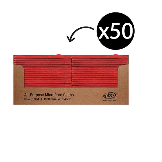 Pack of 50 red all-purpose microfibre cloths with Sabco branding on a white background.