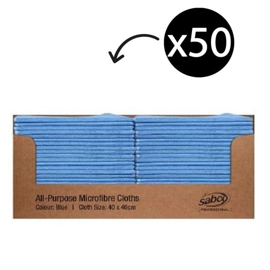 Pack of 50 blue all-purpose microfibre cloths with Sabco branding on a white background.