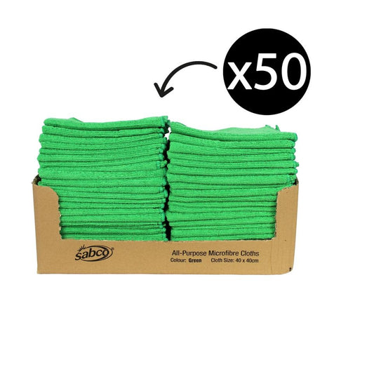 Box of 50 green all-purpose microfiber cloths with Sabco branding on a white background.