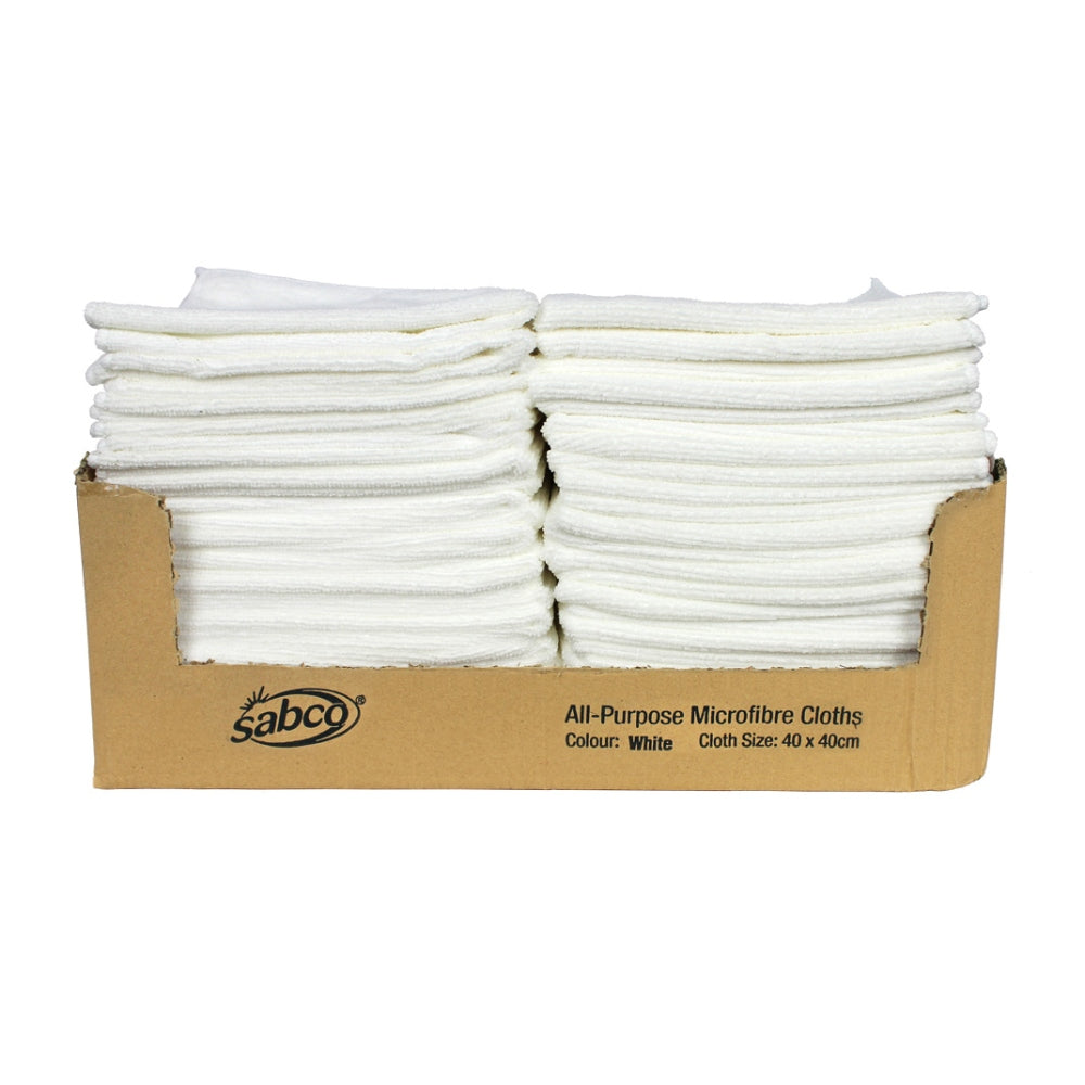 Box of Sabco all-purpose microfiber cloths on a white background