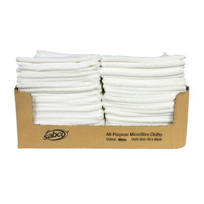 Box of Sabco all-purpose microfiber cloths on a white background