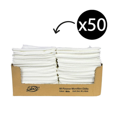 Box of 50 white all-purpose microfiber cloths with Sabco branding.