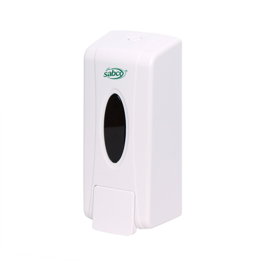 White paper towel dispenser with 'Sabco' branding on a white background