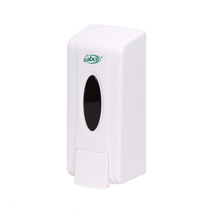 White paper towel dispenser with 'Sabco' branding on a white background