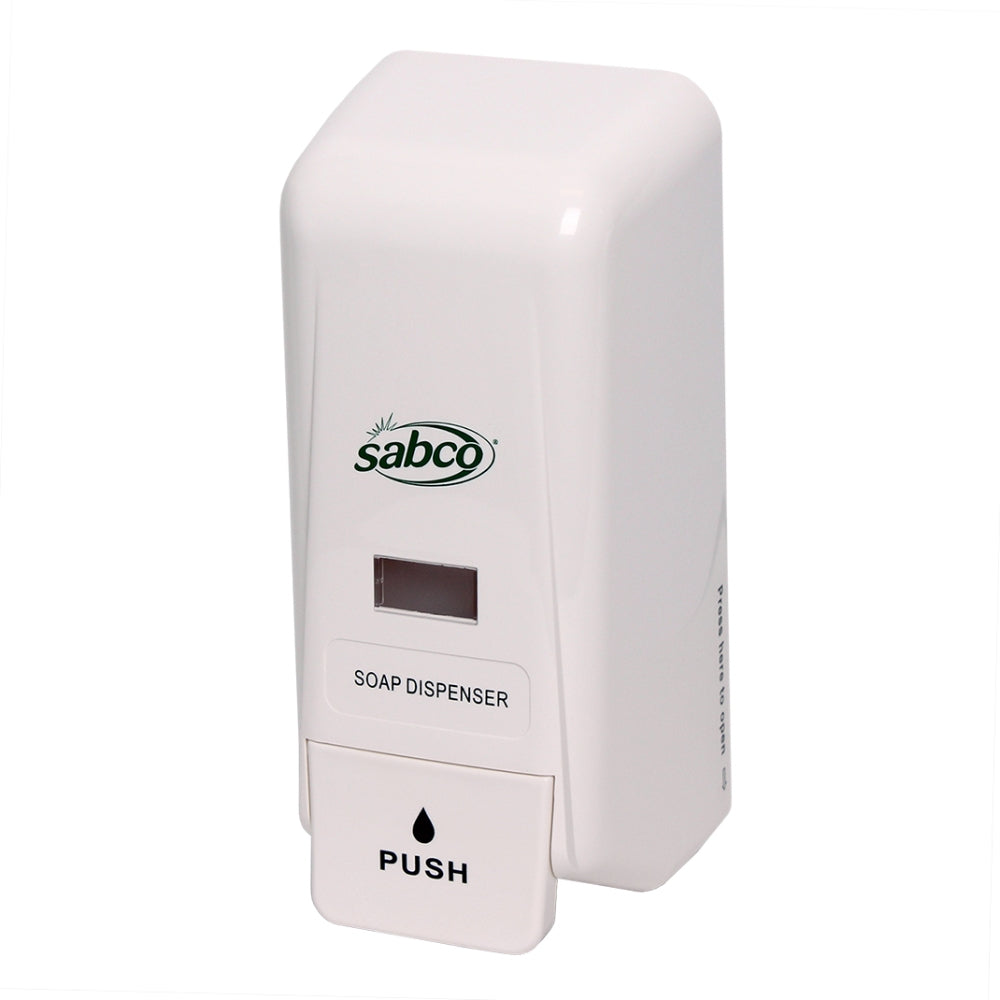 White soap dispenser with 'Sabco' branding on a white background