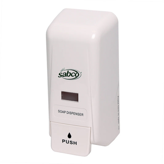 White soap dispenser with 'Sabco' branding on a white background