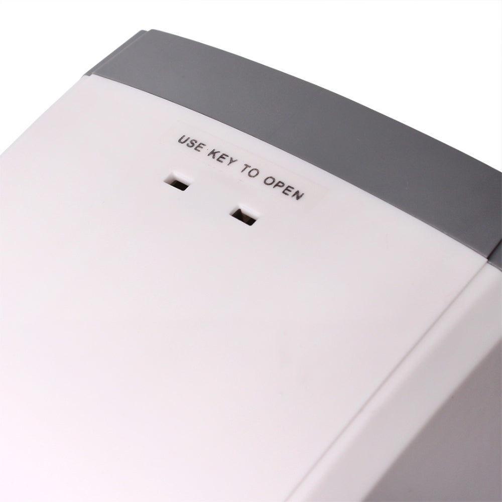 Close-up of a white and gray Sabco Soap Dispenser with 'USE KEY TO OPEN' text on a white background