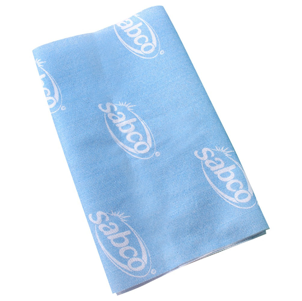 Blue towel with 'Sabco' logo on a white background