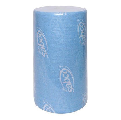 Blue roll of Sabco paper towels on a white background