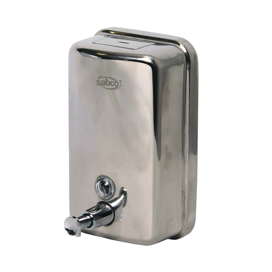 Stainless steel soap dispenser with Sabco branding on a white background