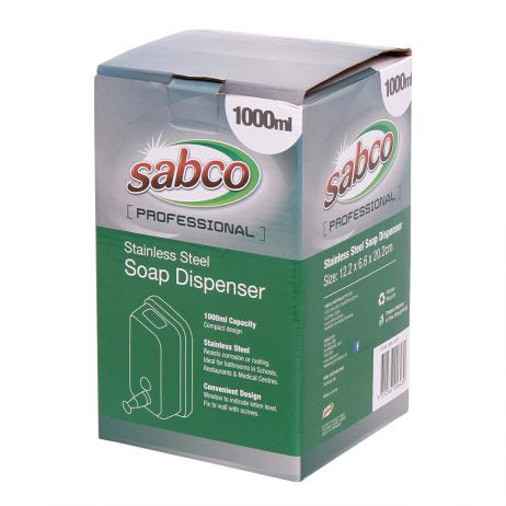 Sabco stainless steel soap dispenser packaging on a white background