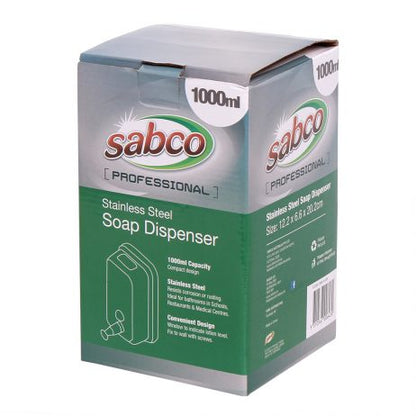 Sabco stainless steel soap dispenser packaging on a white background