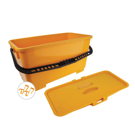 Yellow plastic container with black handle on a white background