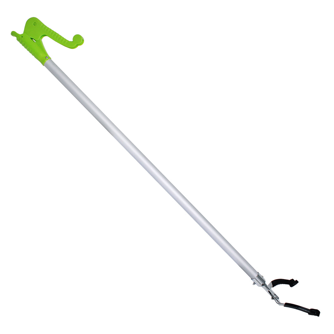 Telescopic pole with green handle on a white background