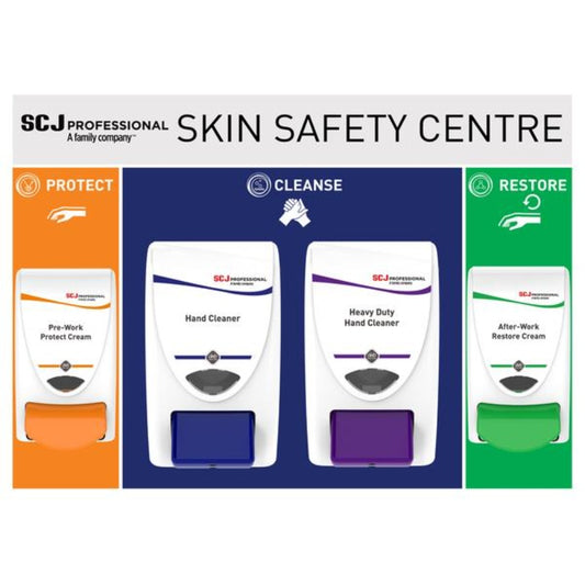 SCJ Professional Skin Safety Centre with hand cleaner and cream packaging on a white background