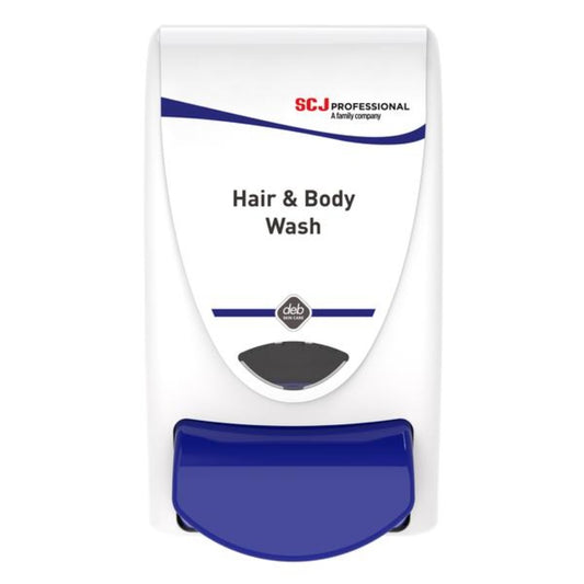 White and blue dispenser for hair and body wash with 'SCJ Professional' branding.