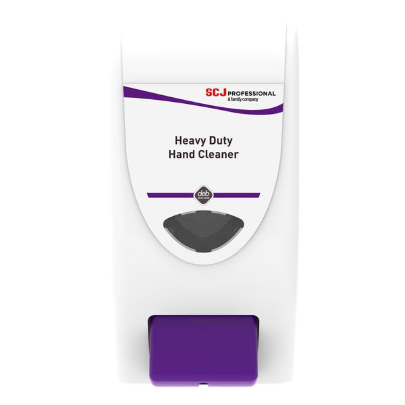 Heavy-duty hand cleaner dispenser with purple and white design on a white background
