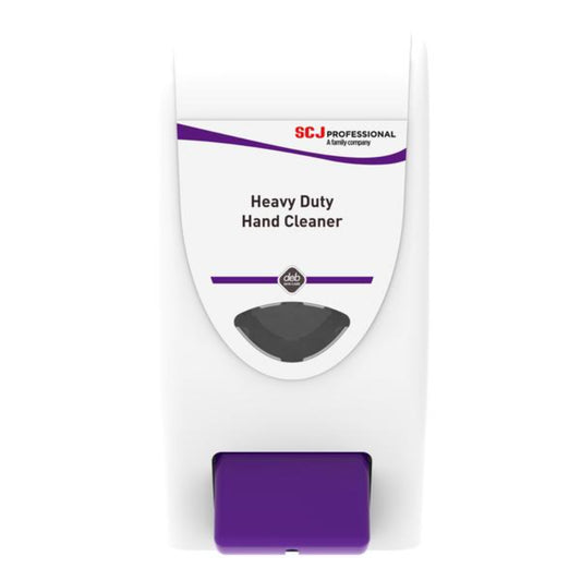 Heavy-duty hand cleaner dispenser with purple and white design on a white background