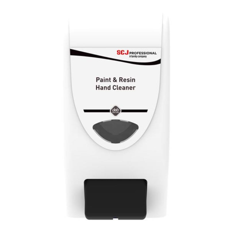 White hand cleaner dispenser with black and gray accents on a white background