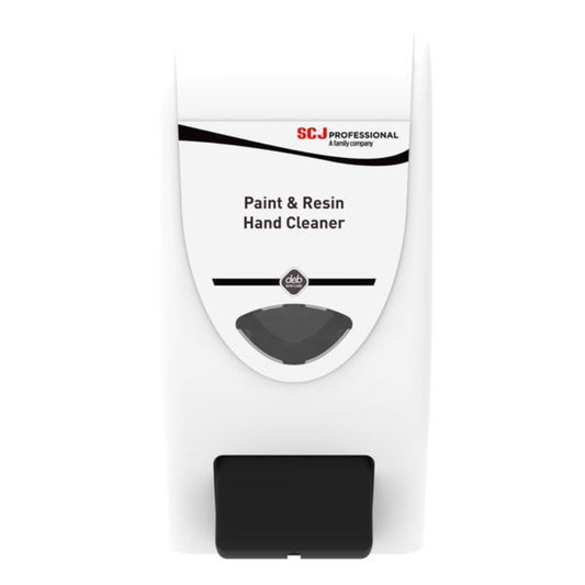 White hand cleaner dispenser with black and gray accents on a white background