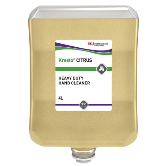 Container of SC Johnson Kresto Citrus Heavy Duty Hand Cleaner with a label on a white background
