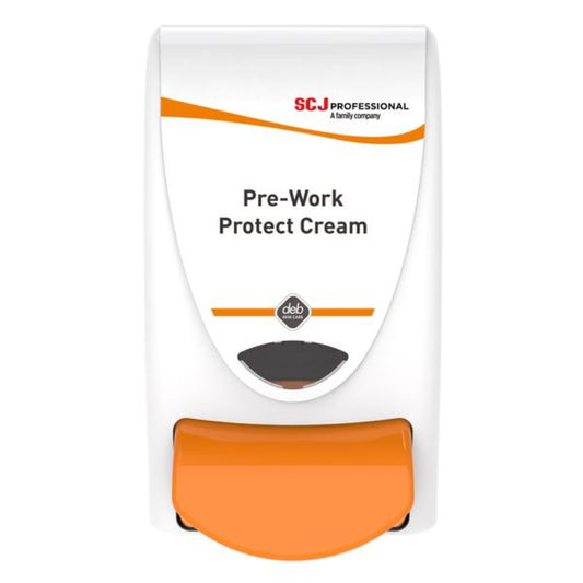 White and orange dispenser for pre-work protect cream with 'SCJ Professional' branding.