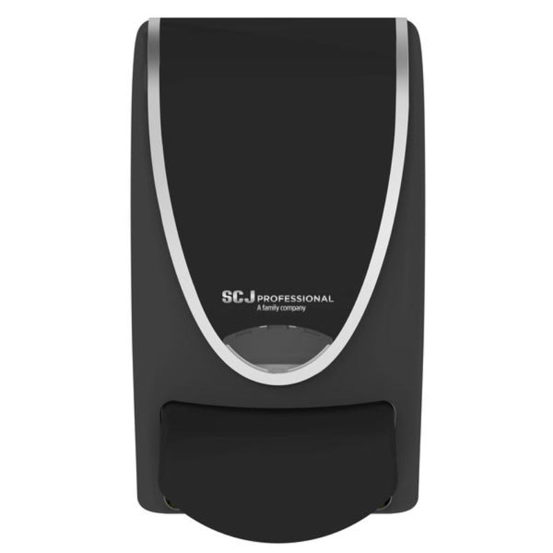 SCJ Proline Curve Manual 1L Dispenser Black soap dispenser with white accent on a white background