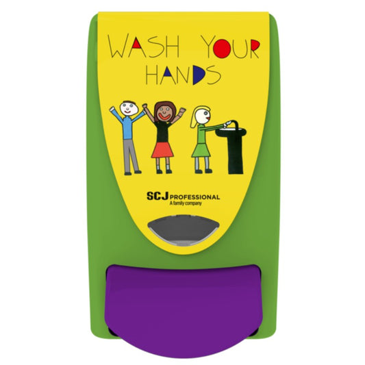 SC Johnson and sanitiser dispenser with cartoon characters and text 'Wash Your Hands' on a yellow background.