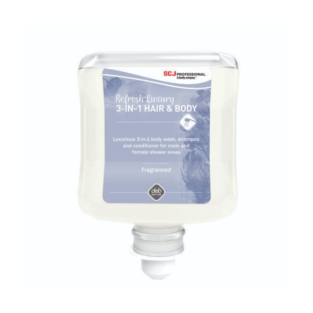 Refresh Luxury 3-in-1 hair and body product with SC Johnson label on a white background