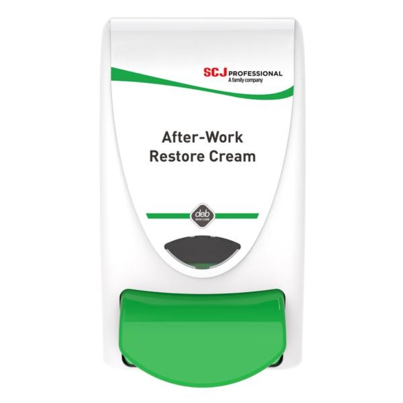 White and green dispenser labeled 'After-Work Restore Cream' with SCJ Professional branding.