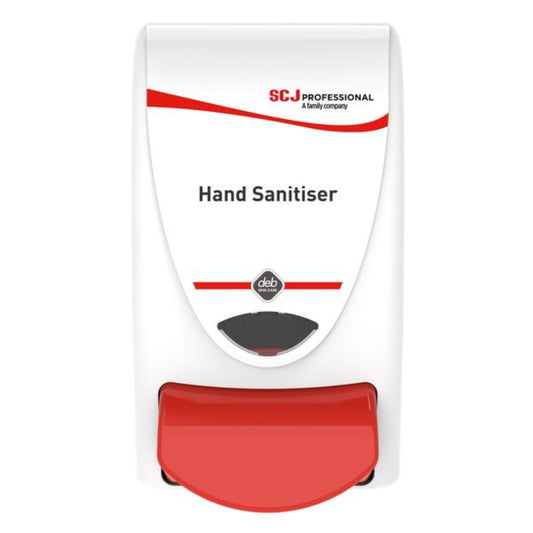 Hand sanitiser dispenser with red and white design on a white background