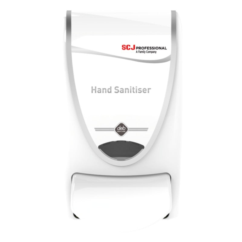 Hand sanitiser dispenser with SCJ Professional and Deb logos on a white background