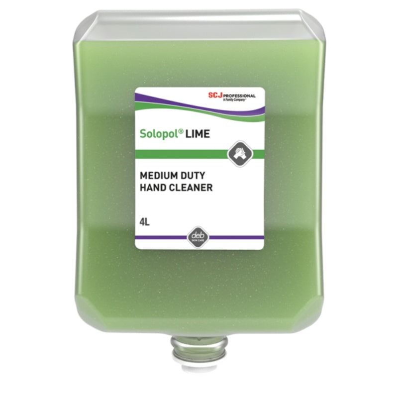 Container of Solapol Lime medium duty hand cleaner with a label on a white background