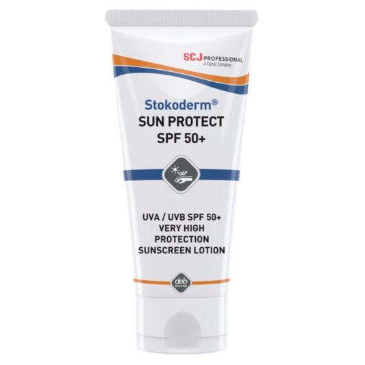 Tube of Stokoderm Sun Protect SPF 50+ sunscreen lotion on a white background