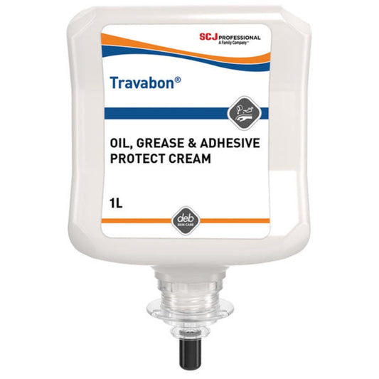 Travabon oil, grease, and adhesive protect cream container on a white background