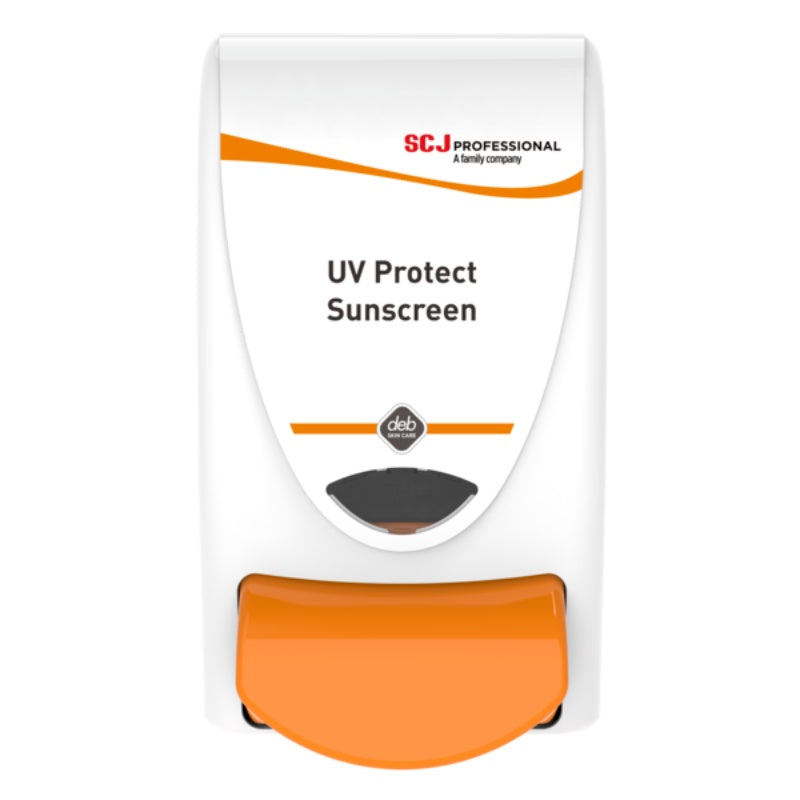 SC Johnson UV Protect Sunscreen dispenser with orange and white design on a white background