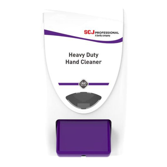 Heavy-duty hand cleaner dispenser with purple accents on a white background