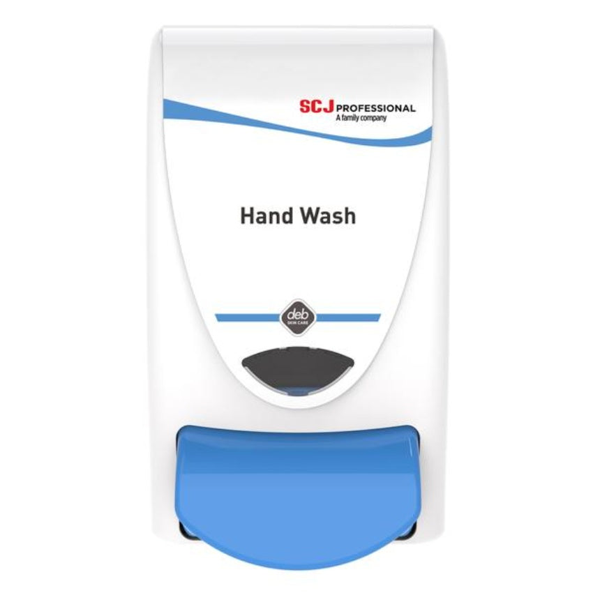Hand wash dispenser with blue and white design on a white background