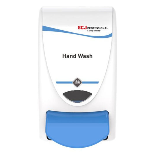 Hand wash dispenser with blue and white design on a white background